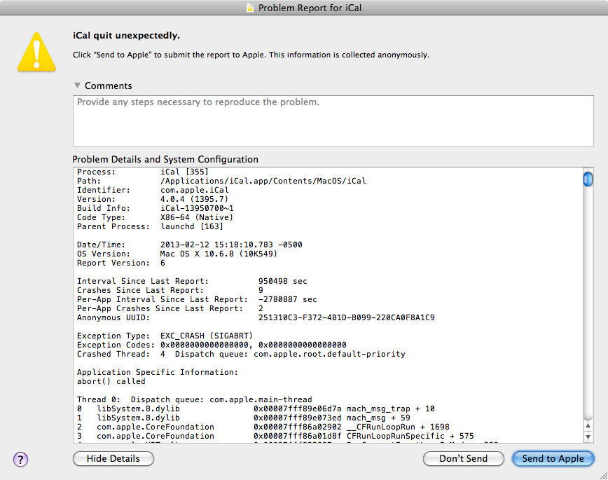Unexpected error report in macOS: iCal application